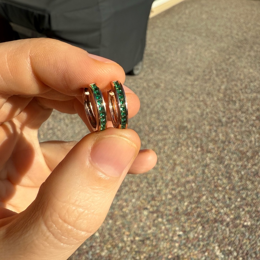 10K Rose Gold Princes Cut Hoop Earrings w/ Green Gemstones